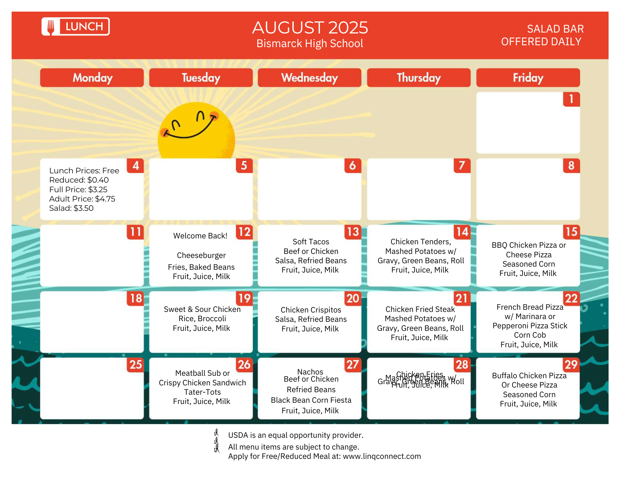 August 2025 BHS Lunch Menu